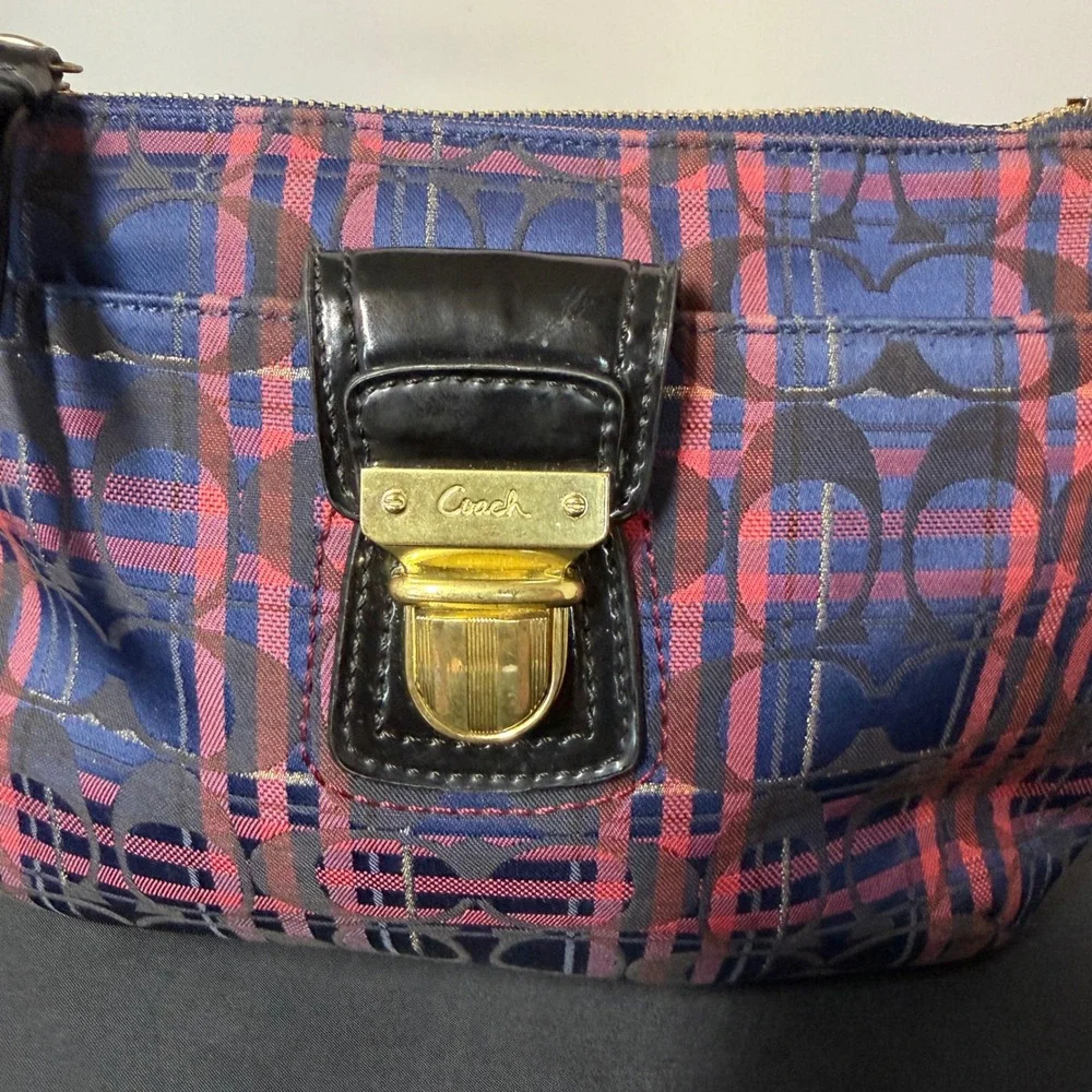 Coach Poppy Plaid Signature C Crossbody Bag Blue Pink Gold Metallic Pocket